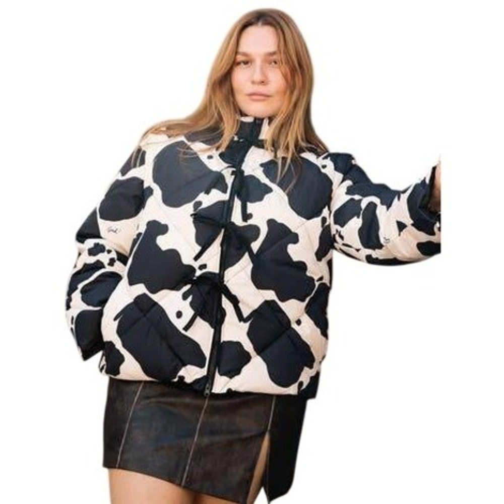Lisa Says Gah Women's Cow-Printed Bows Long Sleeve Puffer Jacket Sz Small VHTF
